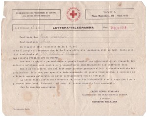 Lettera - Telegramma della Croce Rossa Italiana a Teresa Naticchioni. 14 gennaio 1918. Collezione Armando Naticchioni - Norcia.